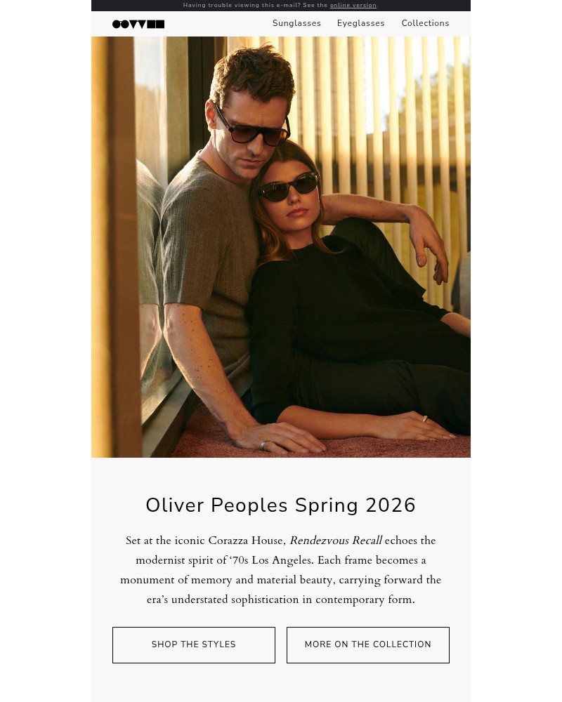 Screenshot of email sent to a Oliver Peoples Newsletter subscriber
