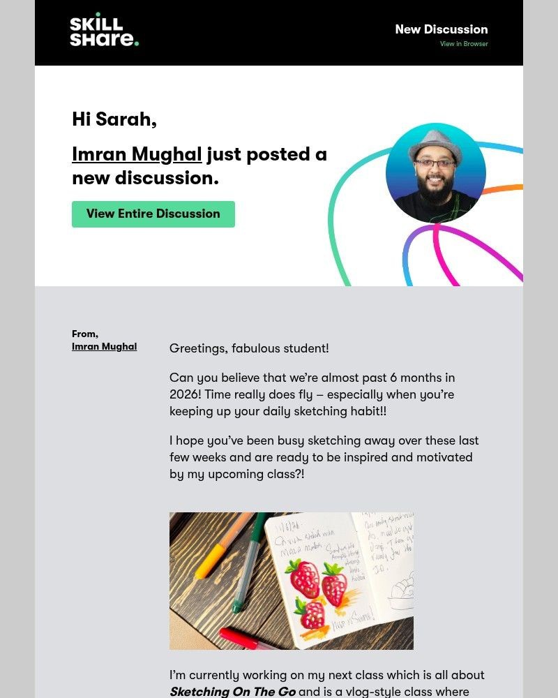 Screenshot of email sent to a Skillshare Registered user
