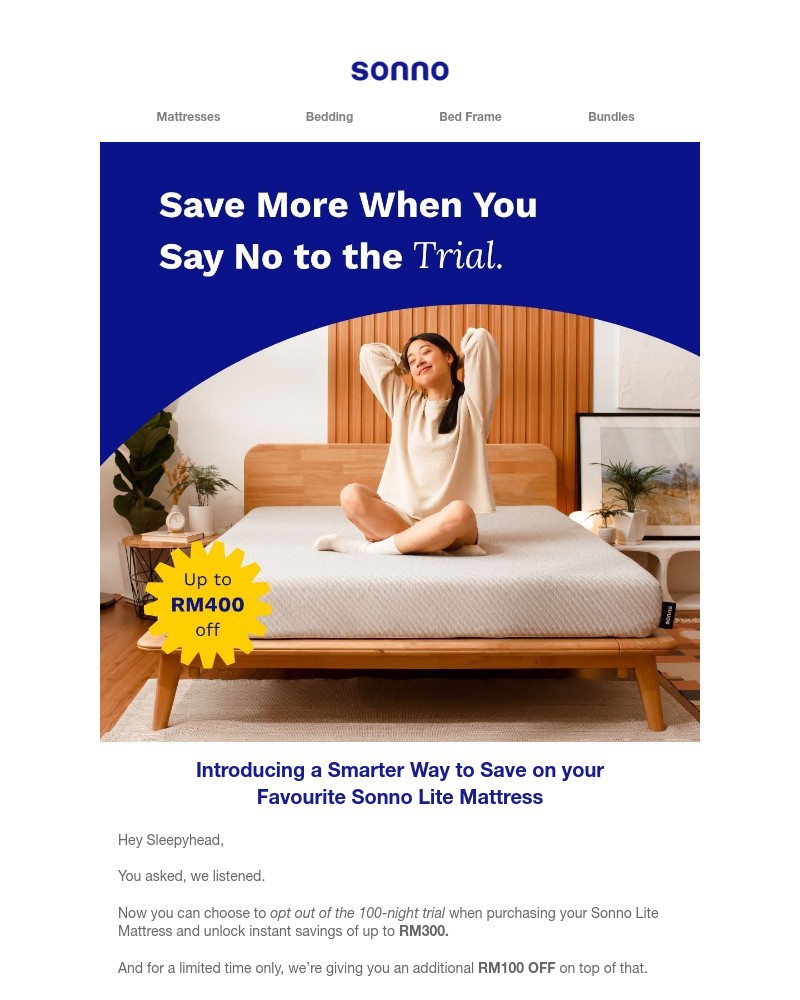 Screenshot of email sent to a Sonno Newsletter subscriber