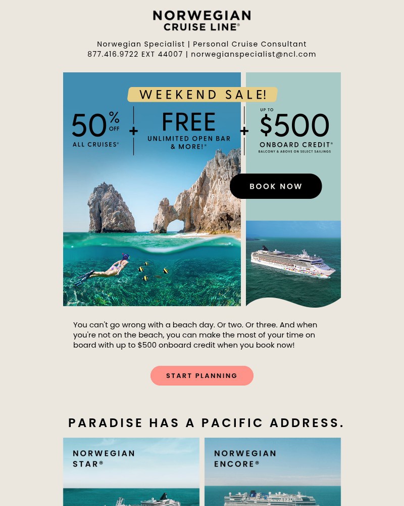Screenshot of email sent to a Norwegian Cruise Line Newsletter subscriber