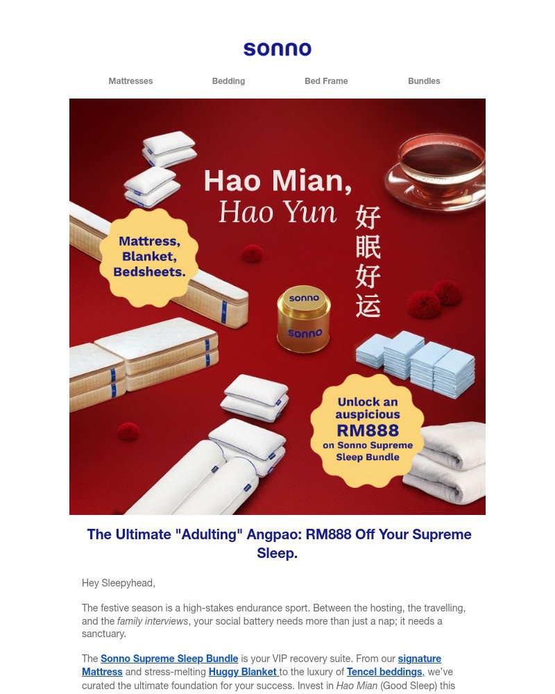 Screenshot of email sent to a Sonno Newsletter subscriber