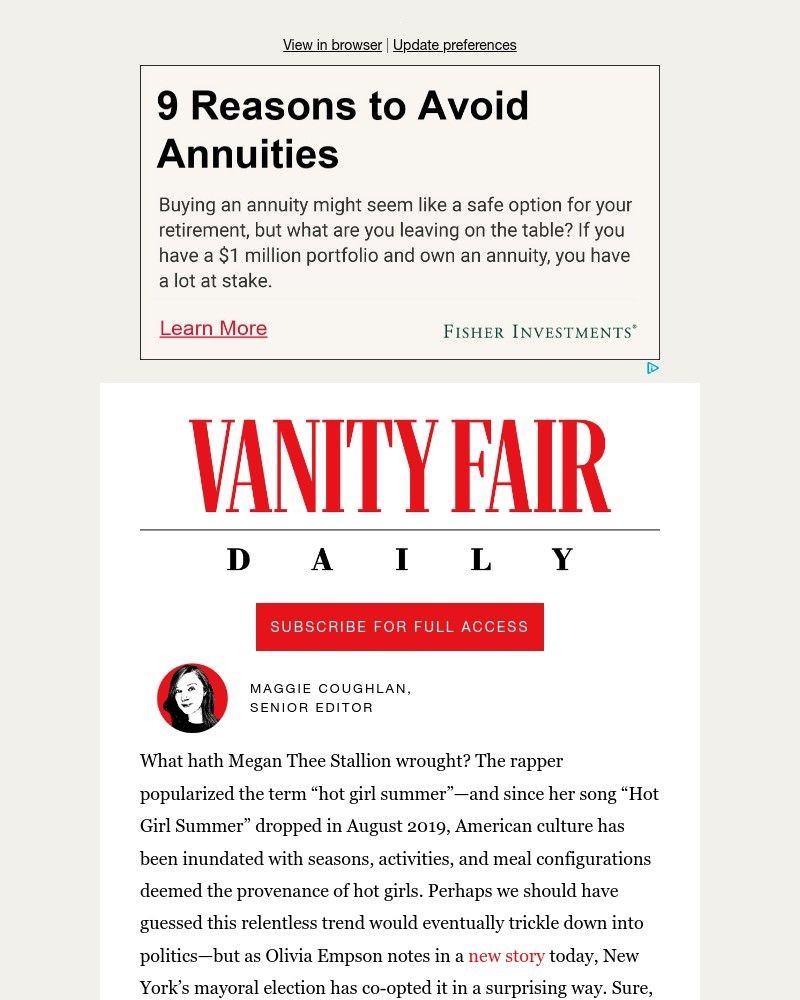 Screenshot of email sent to a Vanity Fair Newsletter subscriber