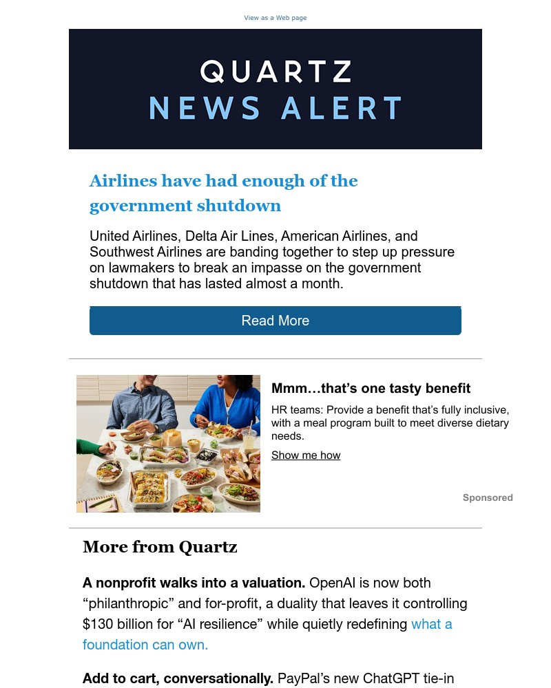 Screenshot of email sent to a Quartz Newsletter subscriber