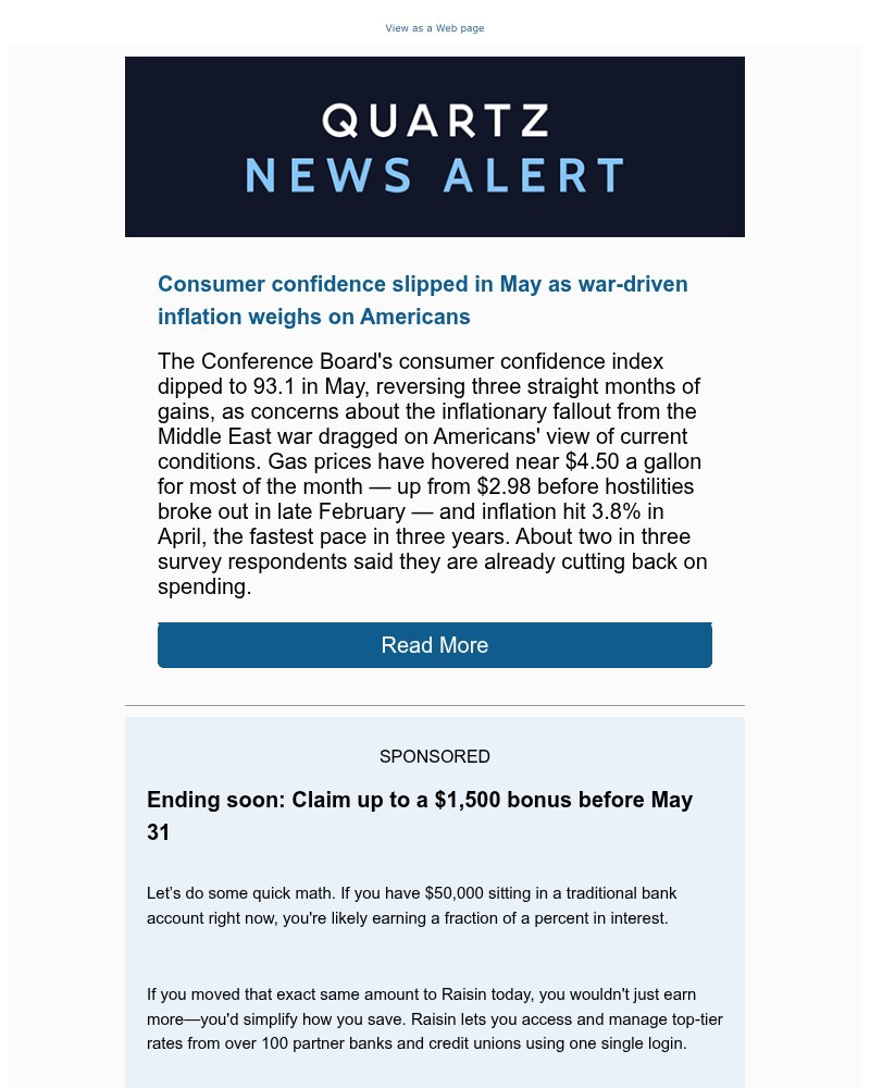 Screenshot of email sent to a Quartz Newsletter subscriber