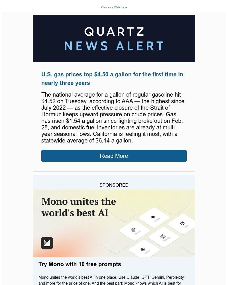 Screenshot of email sent to a Quartz Newsletter subscriber