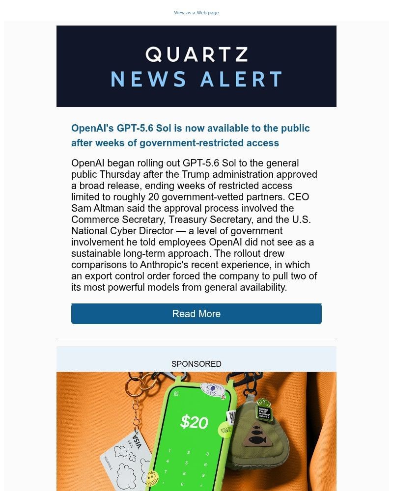 Screenshot of email sent to a Quartz Newsletter subscriber
