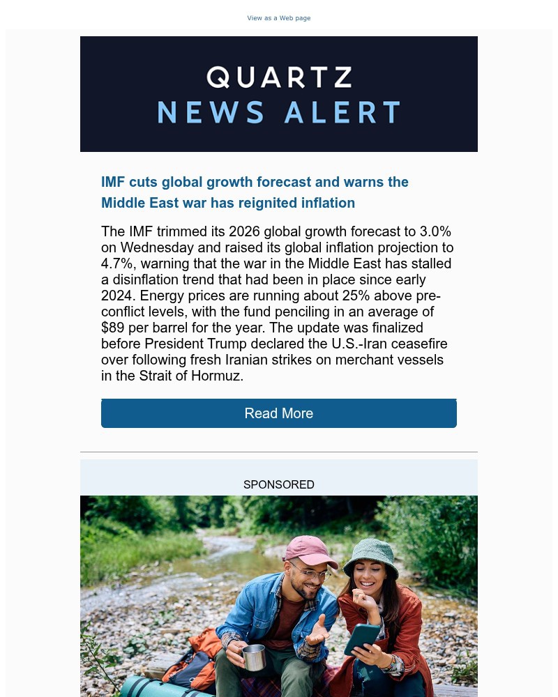 Screenshot of email sent to a Quartz Newsletter subscriber