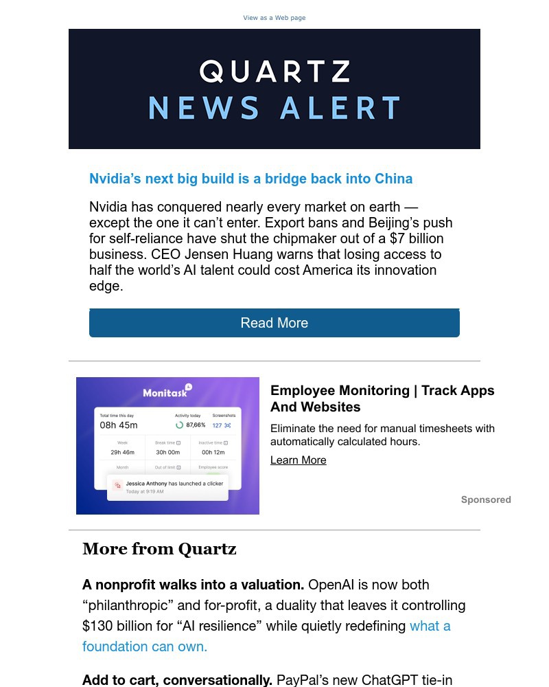 Screenshot of email sent to a Quartz Newsletter subscriber