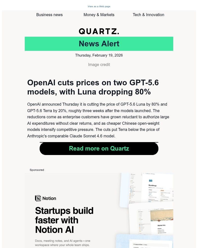 Screenshot of email sent to a Quartz Newsletter subscriber