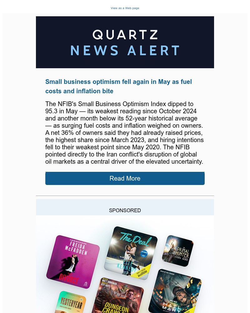 Screenshot of email sent to a Quartz Newsletter subscriber