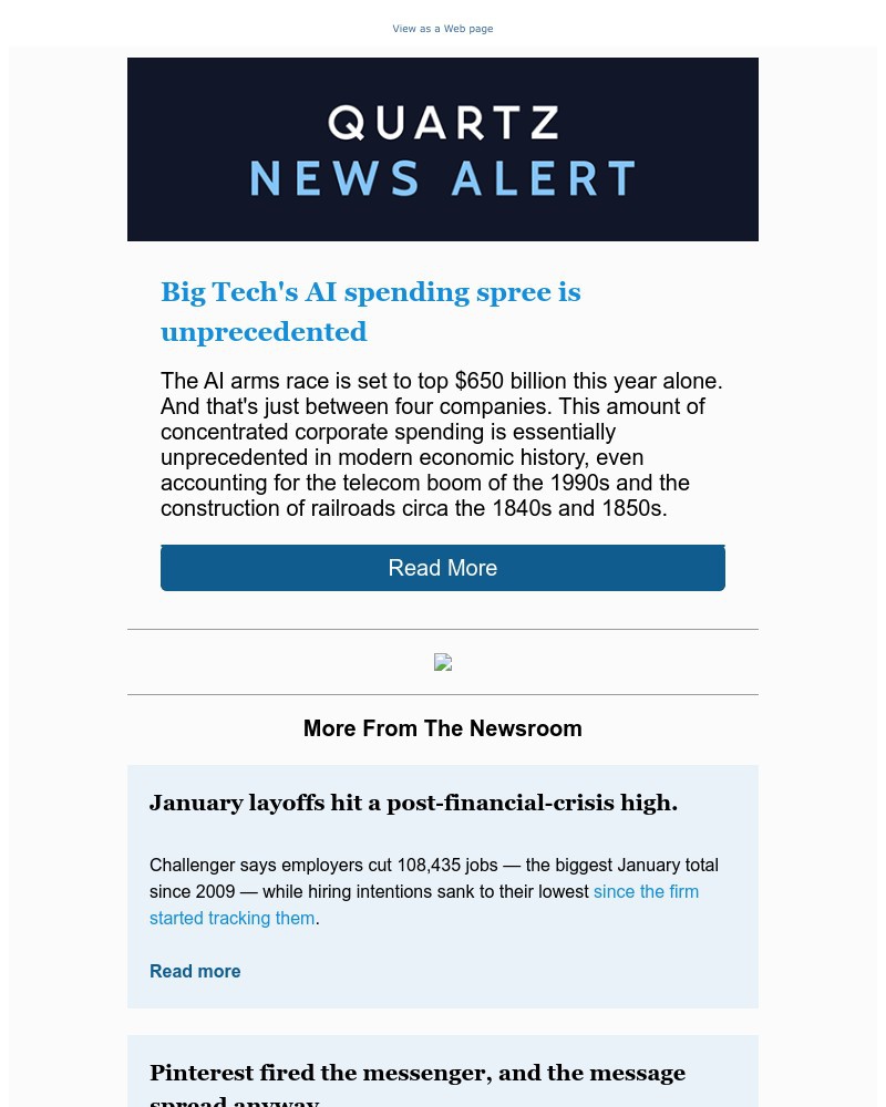 Screenshot of email sent to a Quartz Newsletter subscriber