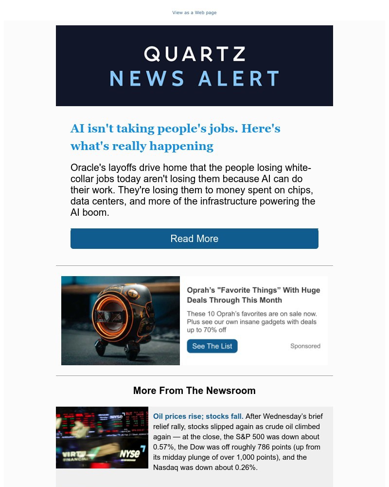 Screenshot of email sent to a Quartz Newsletter subscriber