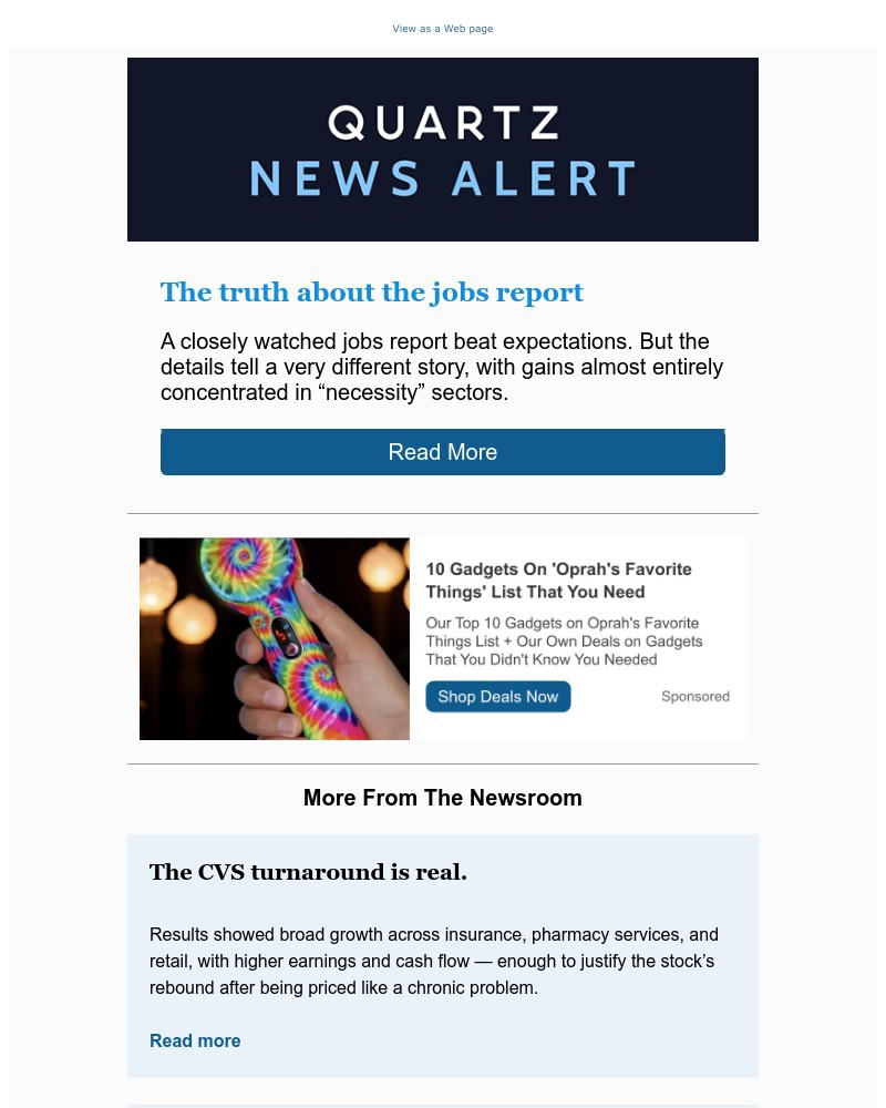 Screenshot of email sent to a Quartz Newsletter subscriber