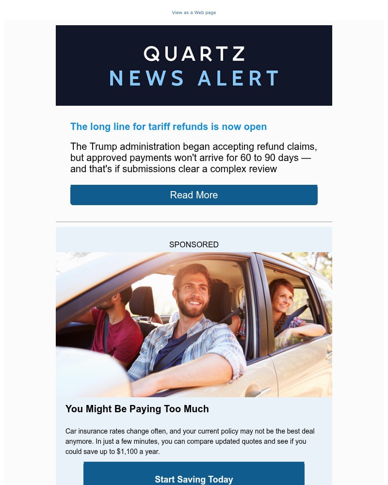 Screenshot of email sent to a Quartz Newsletter subscriber