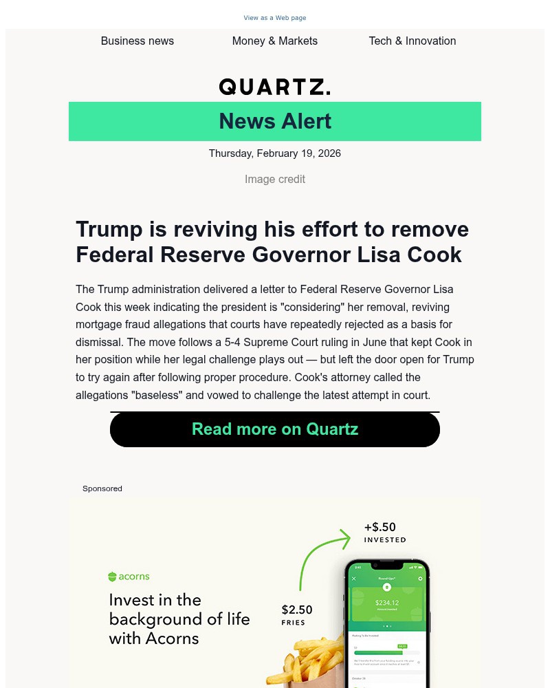 Screenshot of email sent to a Quartz Newsletter subscriber