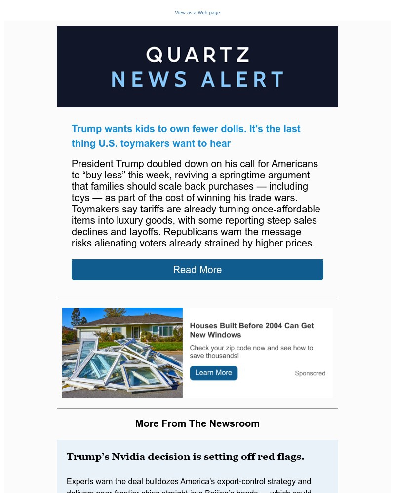 Screenshot of email sent to a Quartz Newsletter subscriber