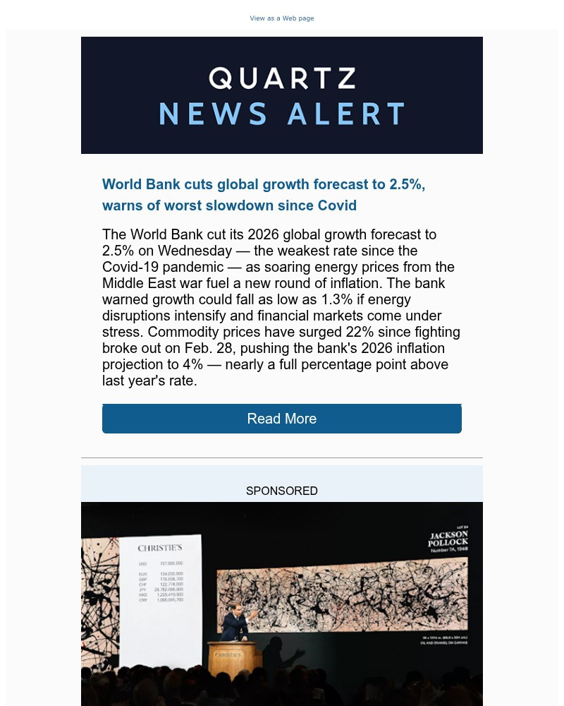 Screenshot of email sent to a Quartz Newsletter subscriber