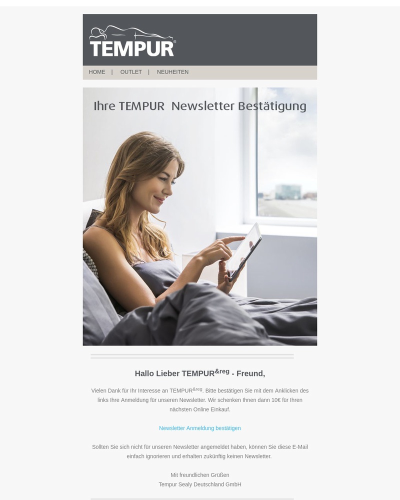 Screenshot of email sent to a Tempur Newsletter subscriber