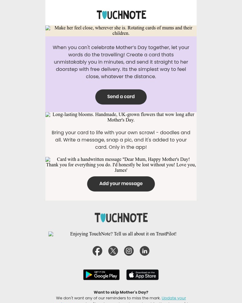 Screenshot of email sent to a TouchNote Customer