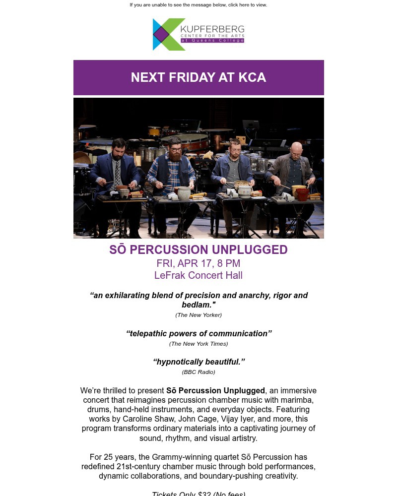 Screenshot of email sent to a Kupferberg Center Newsletter subscriber