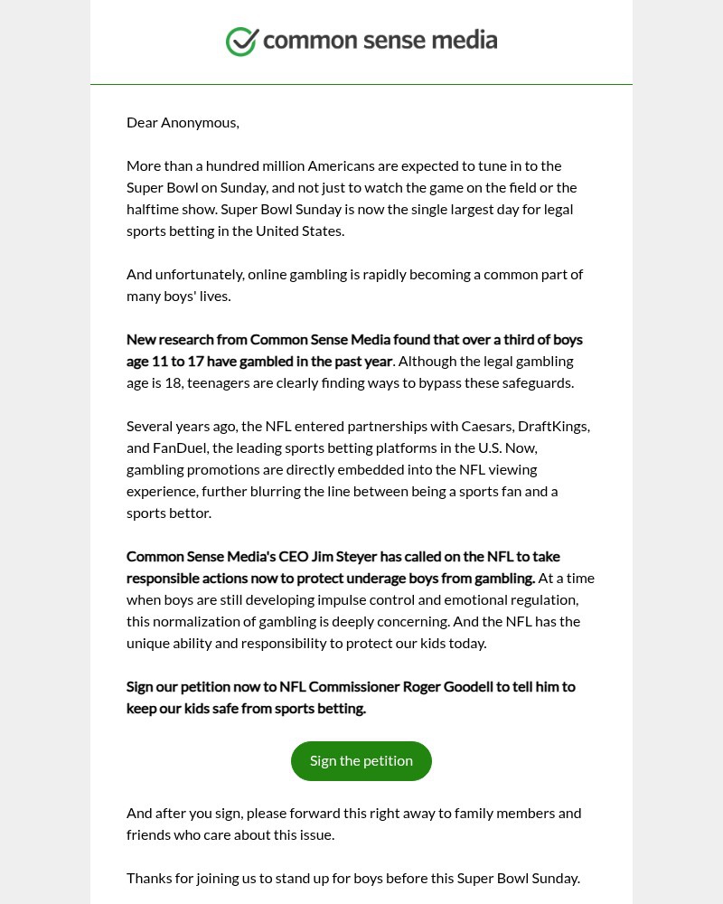 Screenshot of email sent to a Common Sense Newsletter subscriber