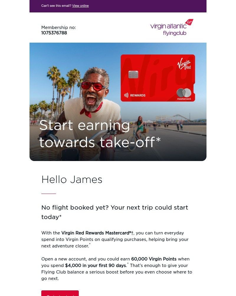 Screenshot of email sent to a Virgin Atlantic Registered user