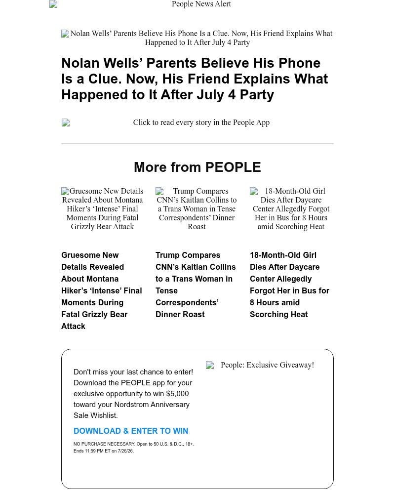 Screenshot of email sent to a People Newsletter subscriber