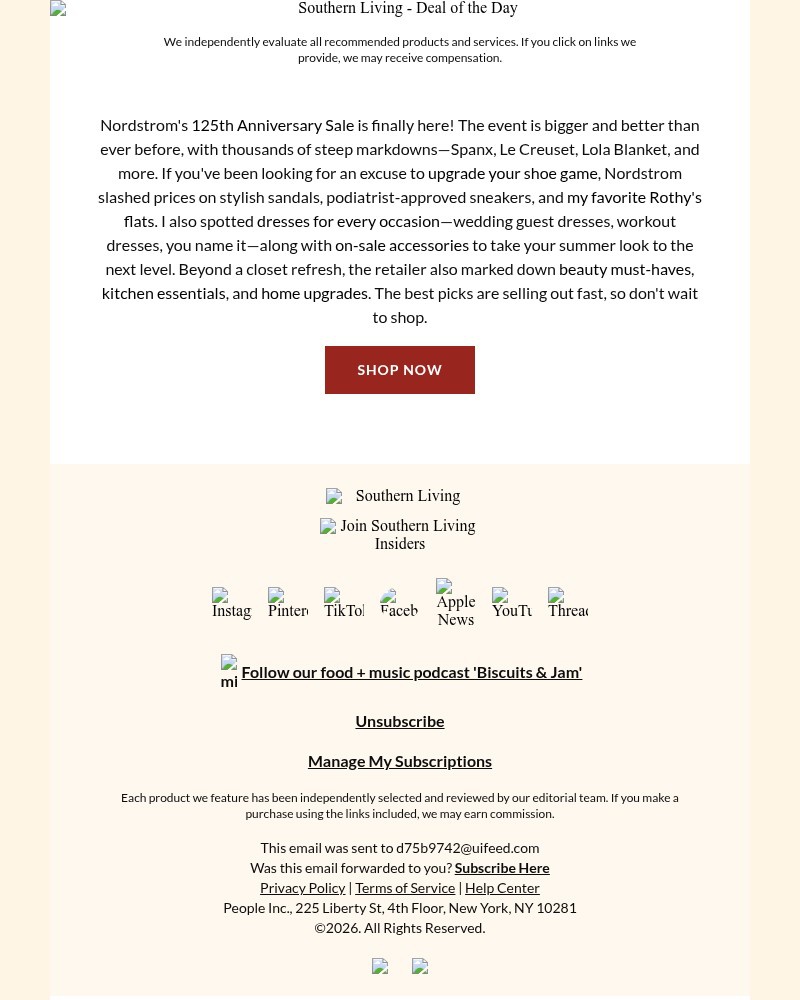Screenshot of email sent to a Southern Living Newsletter subscriber