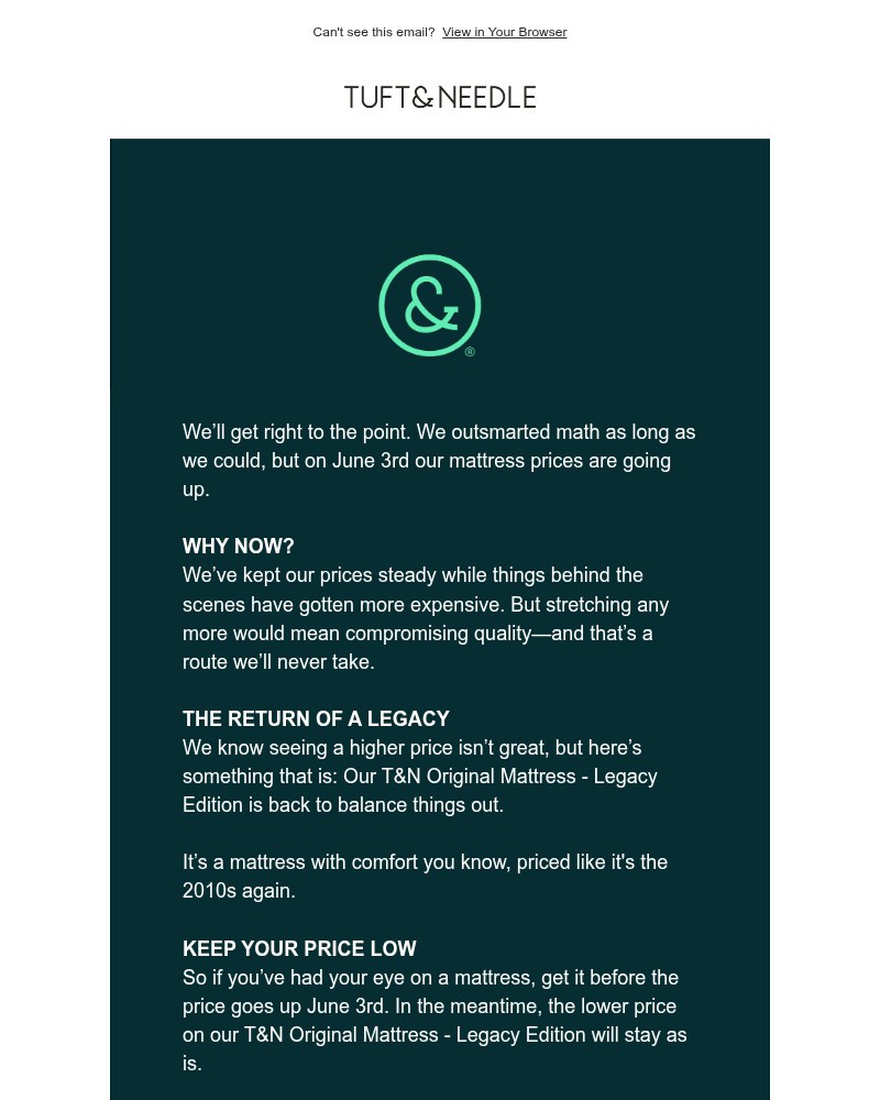 Screenshot of email sent to a Tuft & Needle Newsletter subscriber