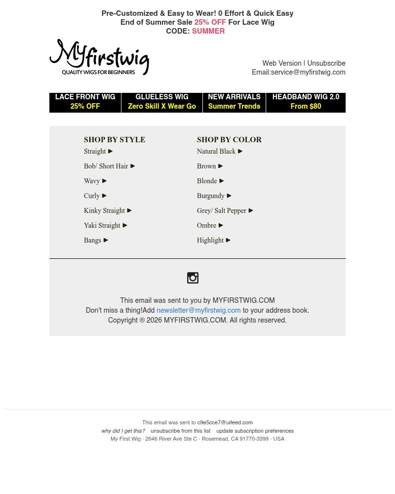 Screenshot of email sent to a My First Wig Newsletter subscriber