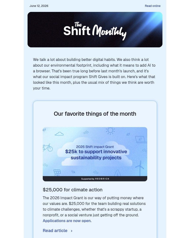 Screenshot of email sent to a Shift Newsletter subscriber