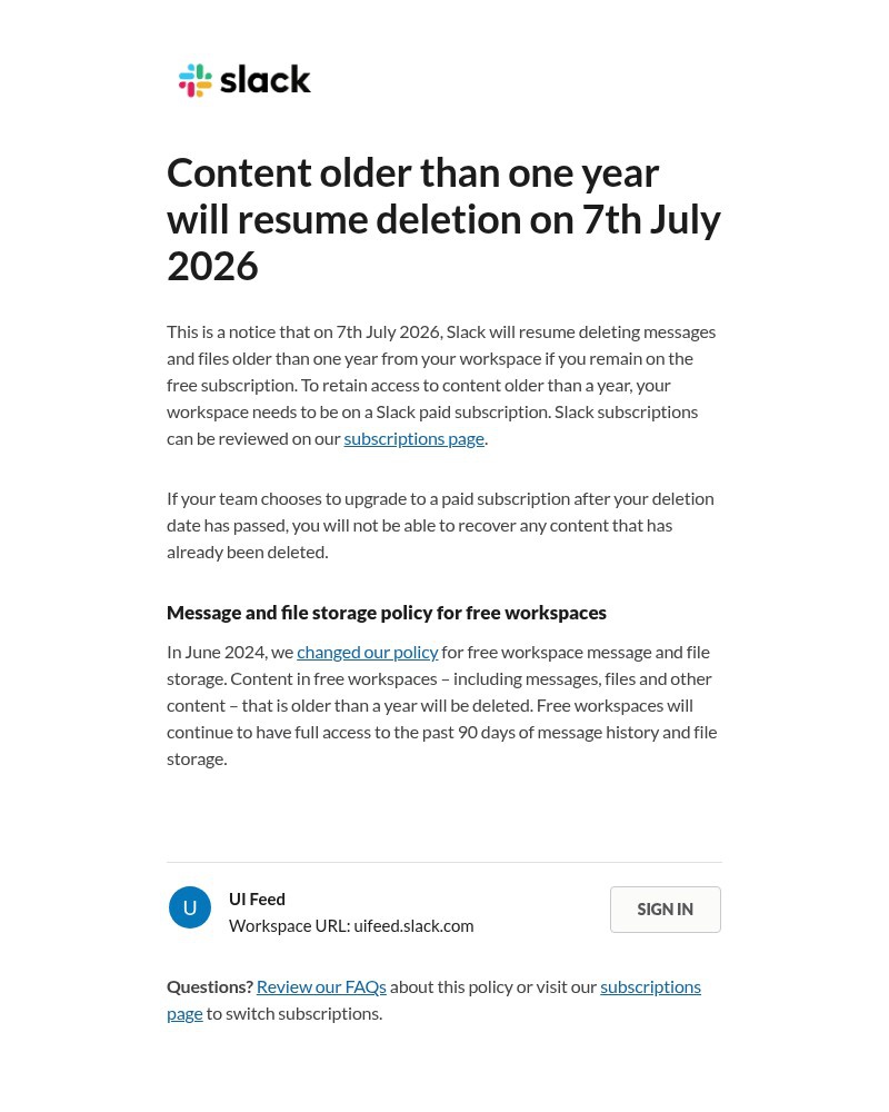 Screenshot of email sent to a Slack Trial user