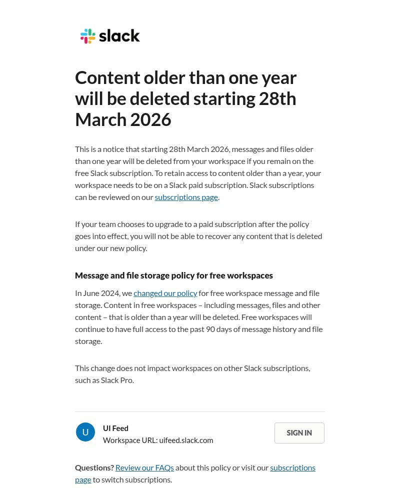 Screenshot of email sent to a Slack Trial user