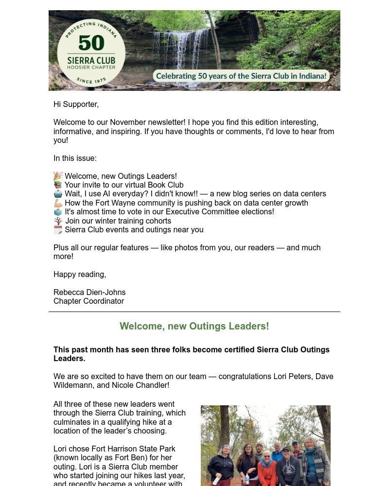 Screenshot of email sent to a Sierra Club Newsletter subscriber