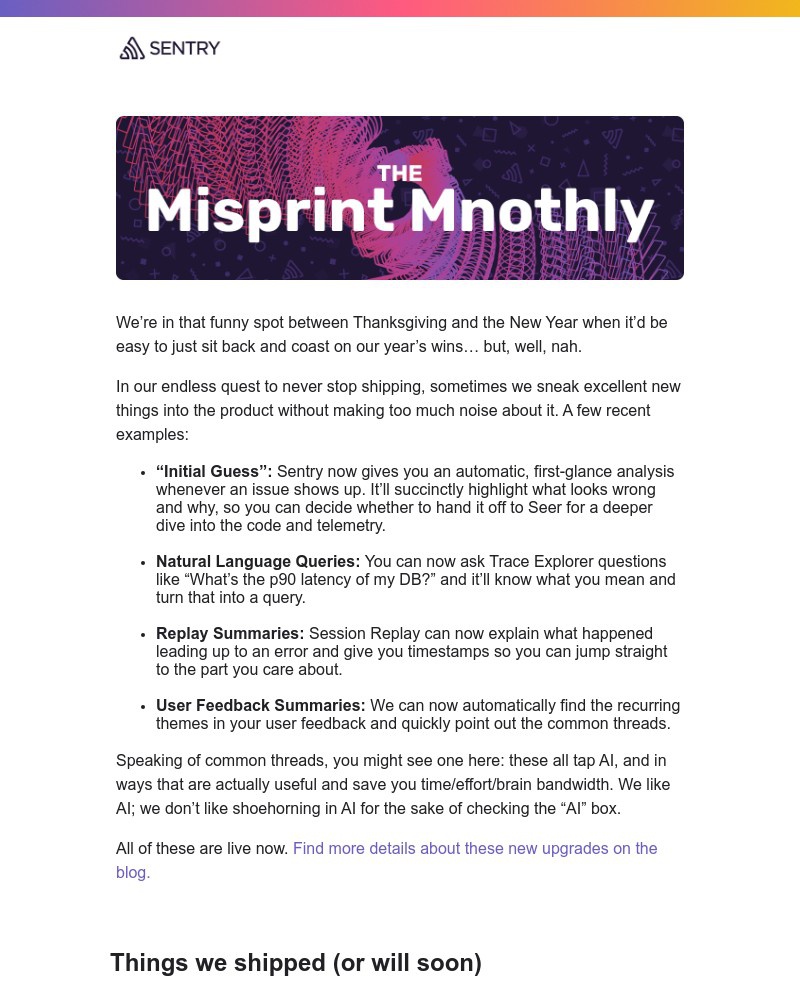 Screenshot of email sent to a Sentry Newsletter subscriber