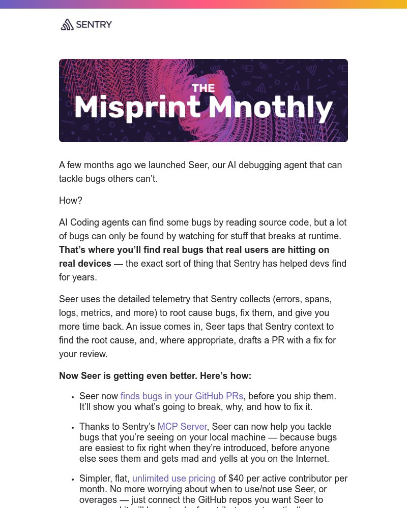 Screenshot of email sent to a Sentry Newsletter subscriber