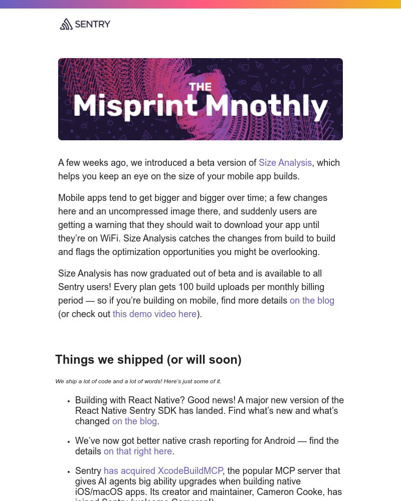 Screenshot of email sent to a Sentry Newsletter subscriber