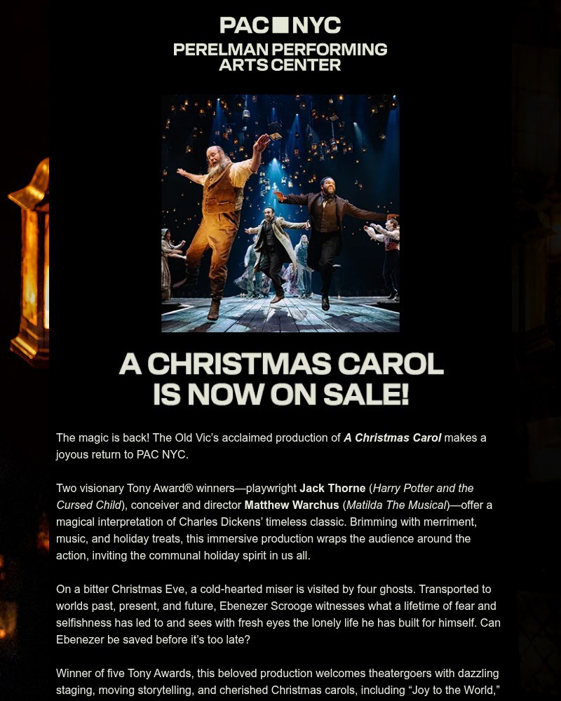 Screenshot of email sent to a Perelman Performing Arts Center (PAC NYC) Newsletter subscriber