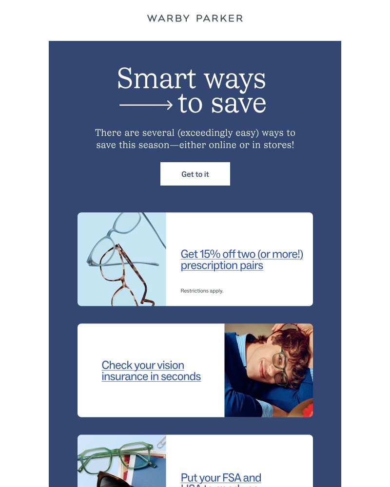 Screenshot of email sent to a Warby Parker Newsletter subscriber