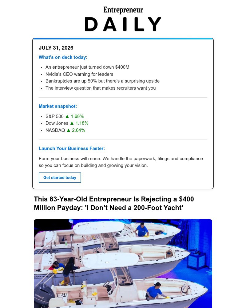 Screenshot of email sent to a Entrepreneur Newsletter subscriber