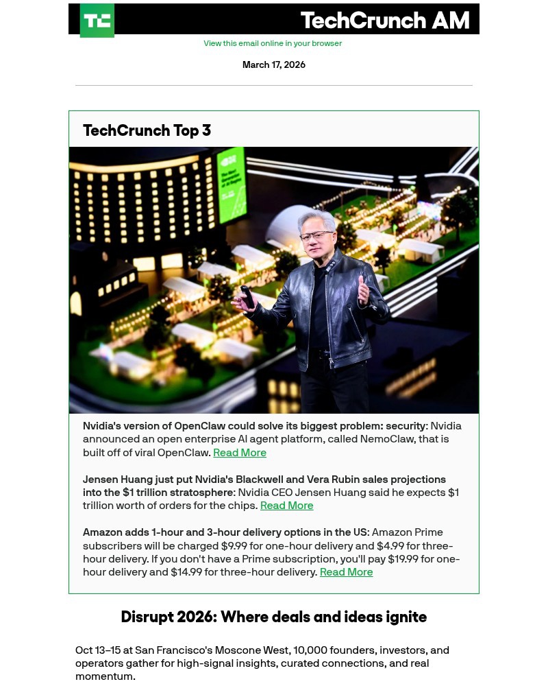 Screenshot of email sent to a Techcrunch Newsletter subscriber