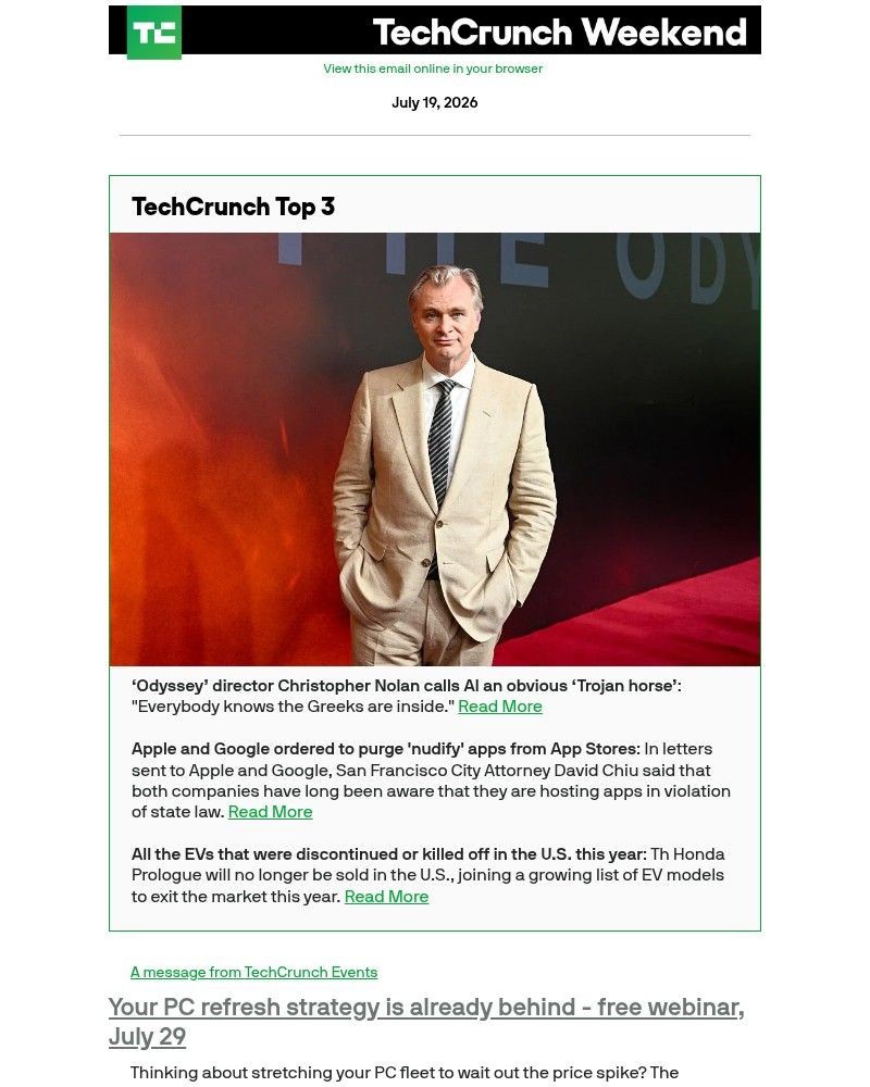 Screenshot of email sent to a Techcrunch Newsletter subscriber