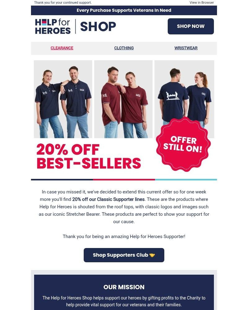 Screenshot of email sent to a Help for Heroes Newsletter subscriber