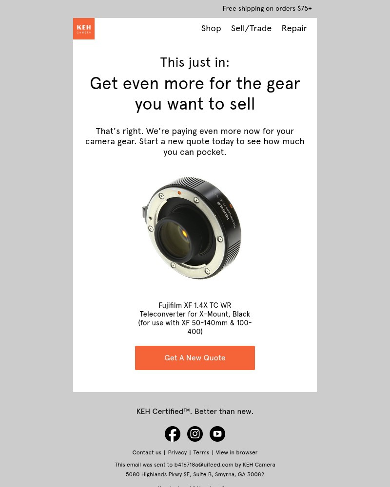 Screenshot of email sent to a KEH Camera Newsletter subscriber