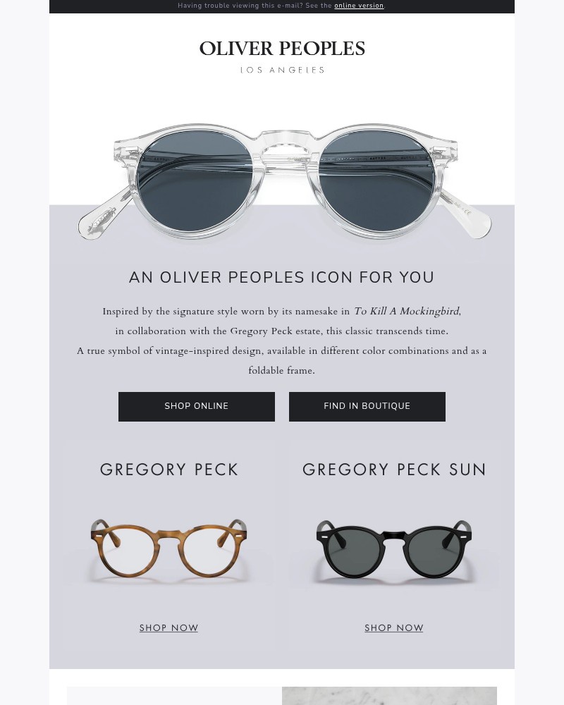 Screenshot of email with subject /media/emails/oliver-peoples-icons-pt-1-gregory-peck-ff5a15-cropped-1993a53b.jpg