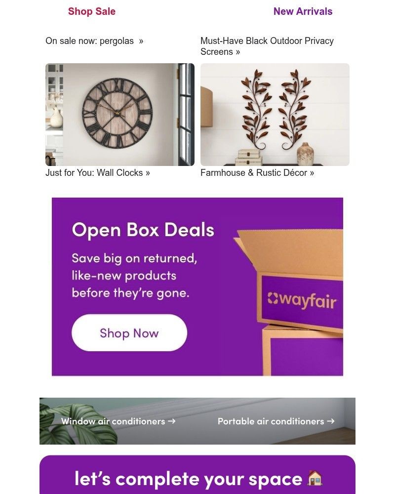 Screenshot of email sent to a Wayfair Newsletter subscriber