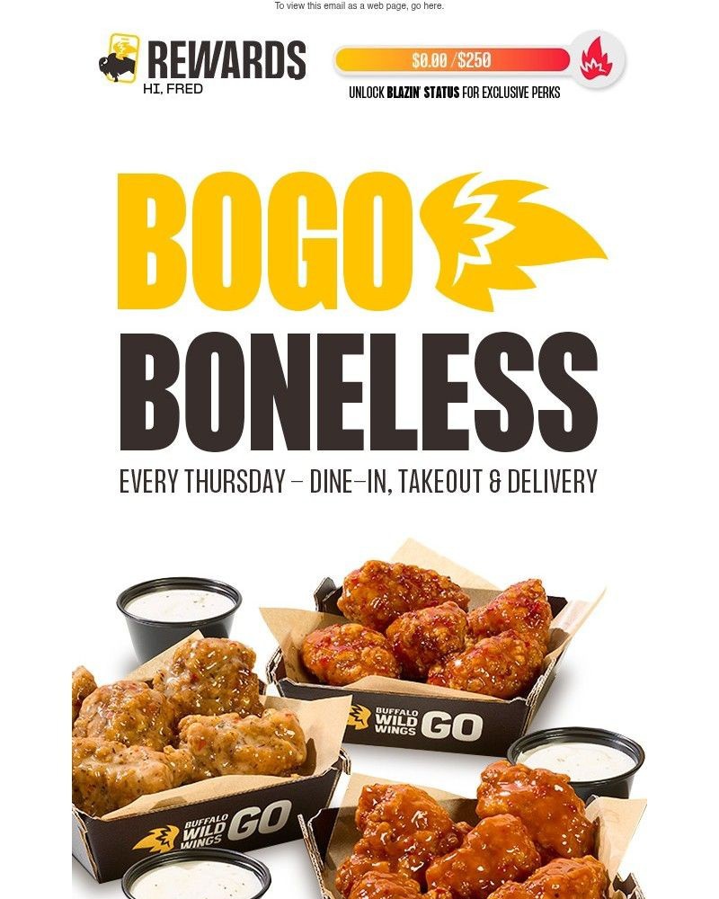 Screenshot of email sent to a Buffalo Wild Wings Registered user