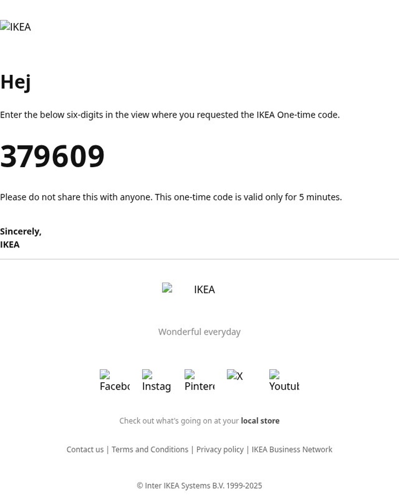 Screenshot of email sent to a Ikea Registered user