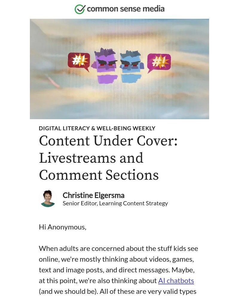 Screenshot of email sent to a Common Sense Newsletter subscriber