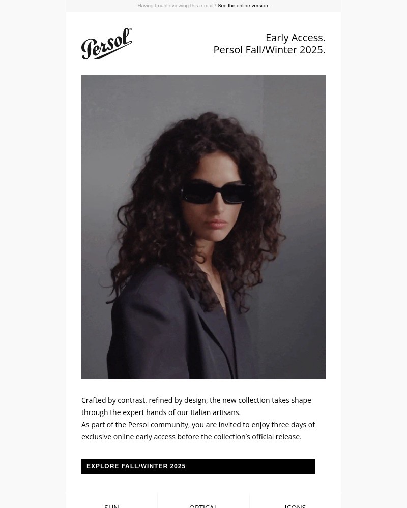 Screenshot of email with subject /media/emails/online-early-access-persol-fallwinter-2025-4c4ec3-cropped-878b5b54.jpg